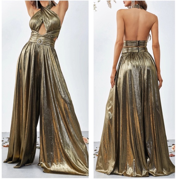 Luxe Metallic Cut out Halter Jumper Jumpsuit - Picture 3 of 6